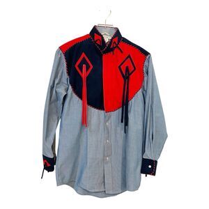 Barbara Shara VTG Western Chambray Button Down Blue/Red Tassels Sz?